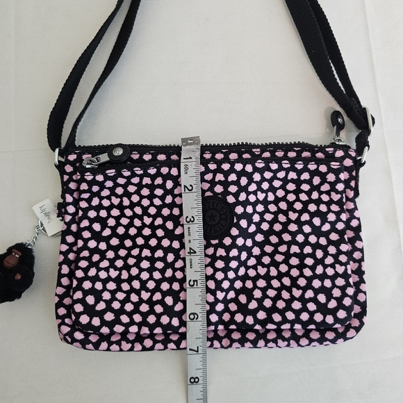 NWT Kipling Mikaela Nylon Crossbody Bag Pink & Black Dot Print w/ Monkey - Picture 6 of 14